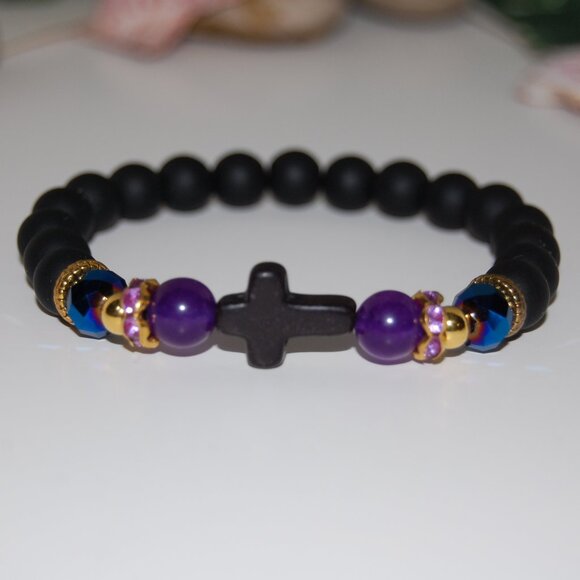 Cross Bracelet,Onyx Bracelet,Cross Onyx Stone Beads Bracelet,Onyx & Colorful Bea - Picture 2 of 3